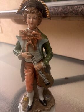 Hand-Painted Ceramic Musician Figurine in Green, Orange and Cream